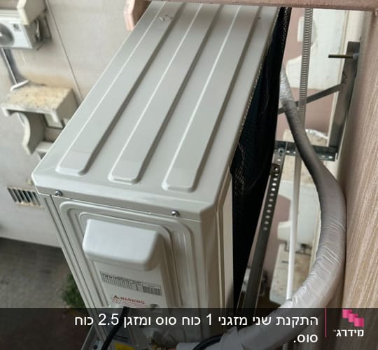 יחידת מזגן חיצונית מותקנת על קיר עם צינורות מחוברים